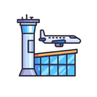 Icône d’un aéroport avec une tour de contrôle, un bâtiment principal vitré et un avion en vol.