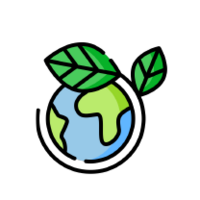 Icône de la planète Terre partiellement entourée de deux grandes feuilles vertes, symbolisant l’écologie et la protection de l’environnement.