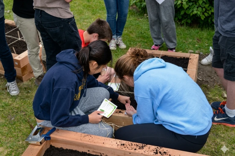 Des jeunes s'activent autour de bacs de jardinage surélevés pour planter des graines. Au premier plan, deux adolescentes en chandails à capuchon consultent un sachet de semences et manipulent la terre.